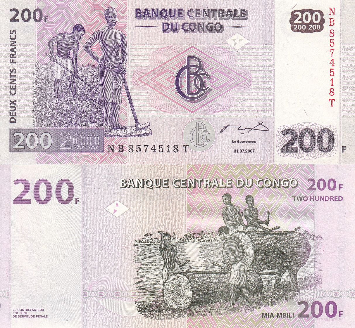 Congo Democratic Republic 200 Francs 2007 P 99 a UNC, Fieldwork Drummers