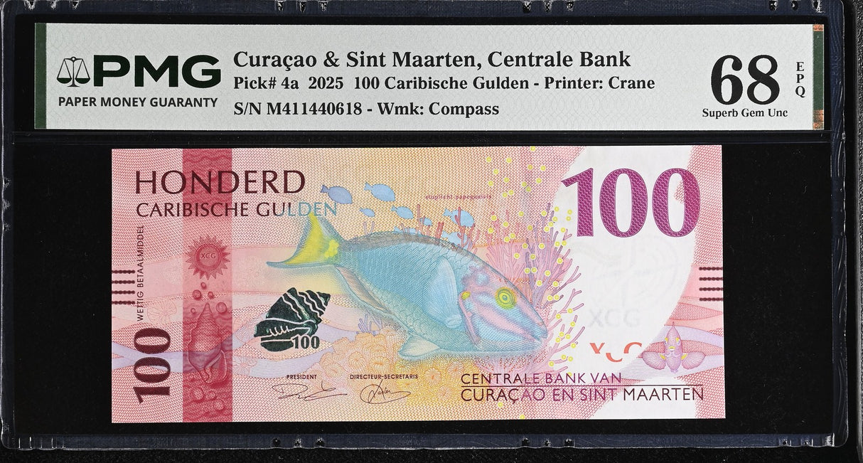 CURACAO & SINT MAARTEN 100 Gulden 2025 P 4 a Superb Gem UNC PMG 68 EPQ