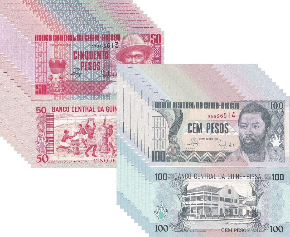 Guinea Bissau Set 2 x LOT 10 = 20 UNC 50 100 Pesos 1990 P 10 11