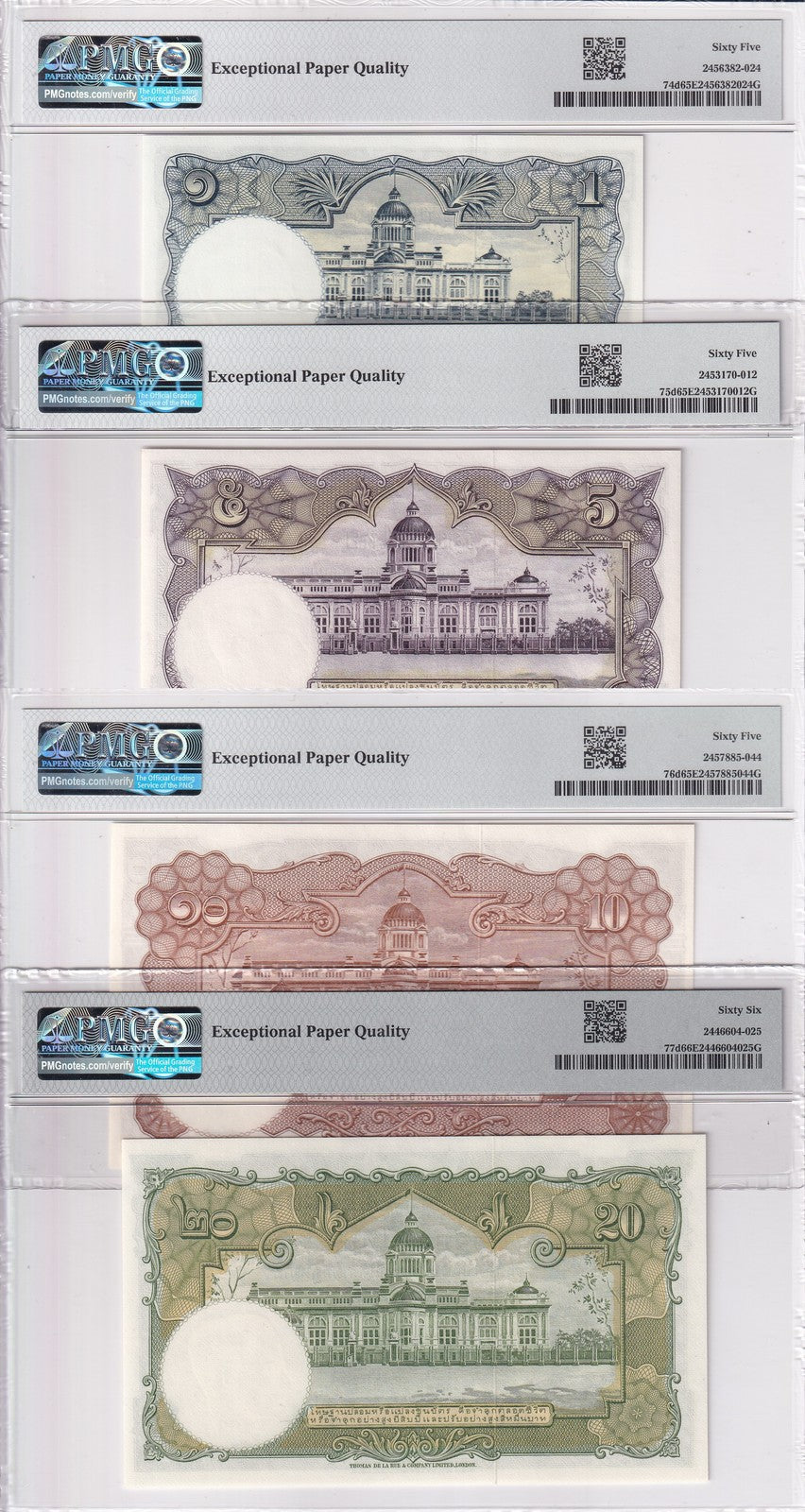 Thailand set 4, 1 5 10 20 BAHT ND 1953-1956 P 74 75 76 77 Gem UNC PMG 65 EPQ