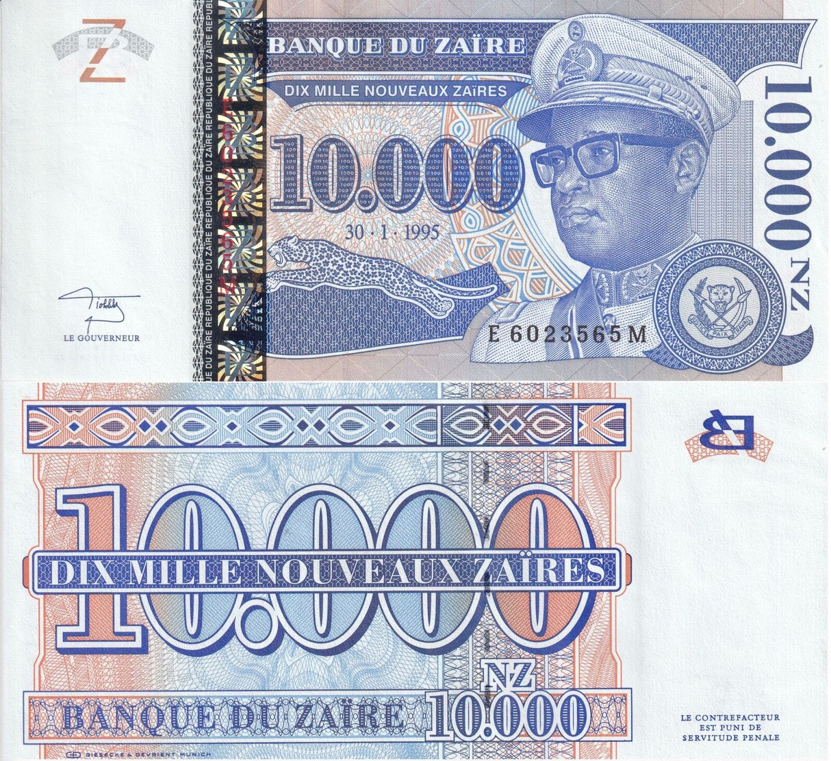 Zaire 10000 Nouveaux Zaire 1995 P 70 UNC