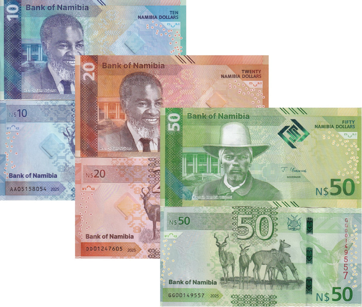 Namibia SET 3 UNC 10 20 50 Dollars 2025 P 20 21 22 NEW Design W Blind Mark