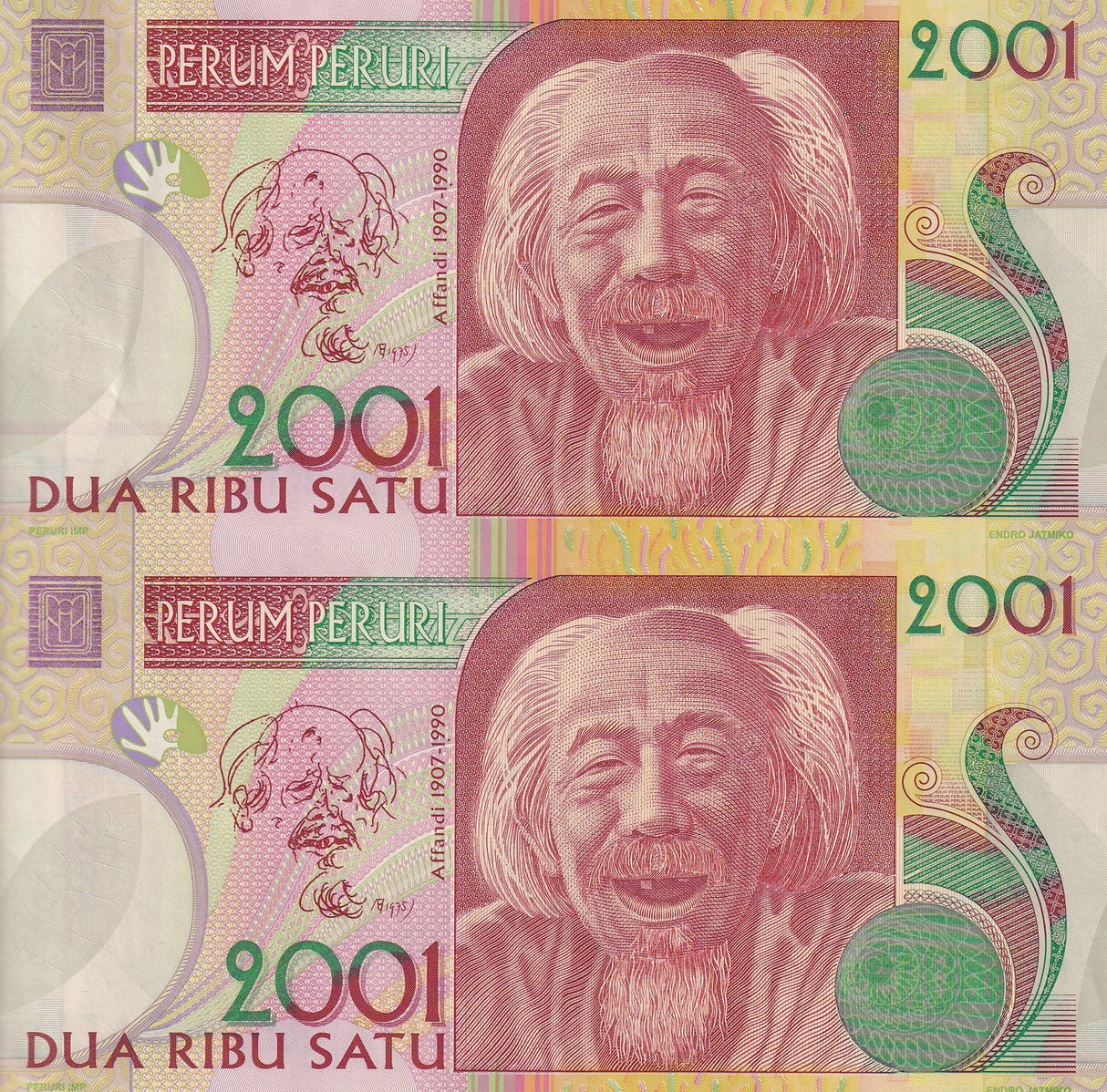 Indonesia Test Note Perum Peruri Affandi 1907-1990 2001 Uncut sheet of 2 UNC