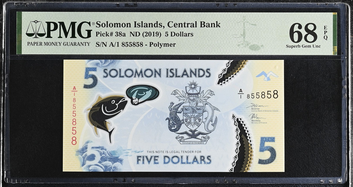 Solomon Islands 5 Dollars ND 2019 P 38 First Prefix A1 Superb Gem UNC PMG 68 EPQ