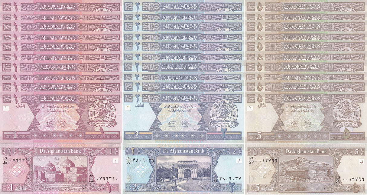 Afghanistan SET 3 x LOT 10 = 30 UNC UNC 1 2 5 Afghanis ND 2002 P 64 65 66