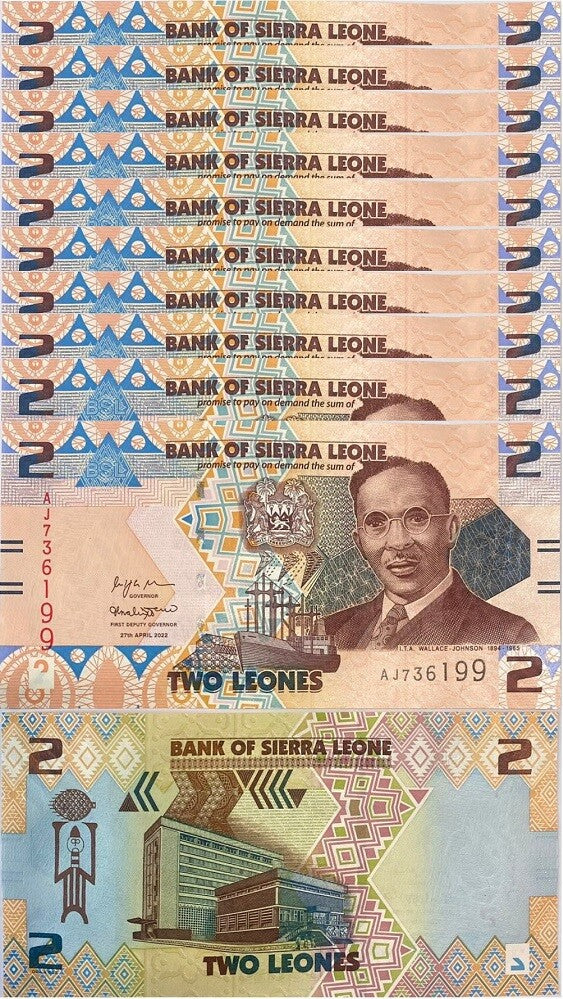 Sierra Leone 2 Leones 2022 P 35 Lot 10 Pcs UNC