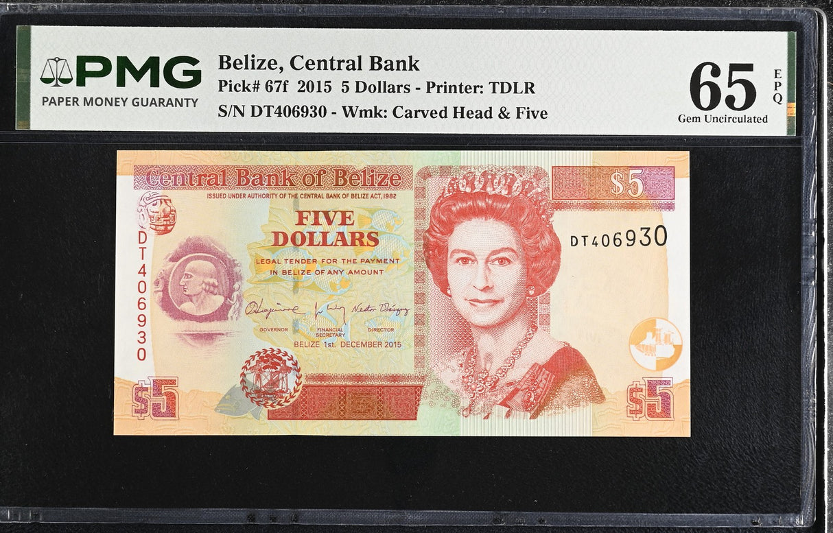 Belize 5 Dollars 2015 P 67 f Gem UNC PMG 65 EPQ