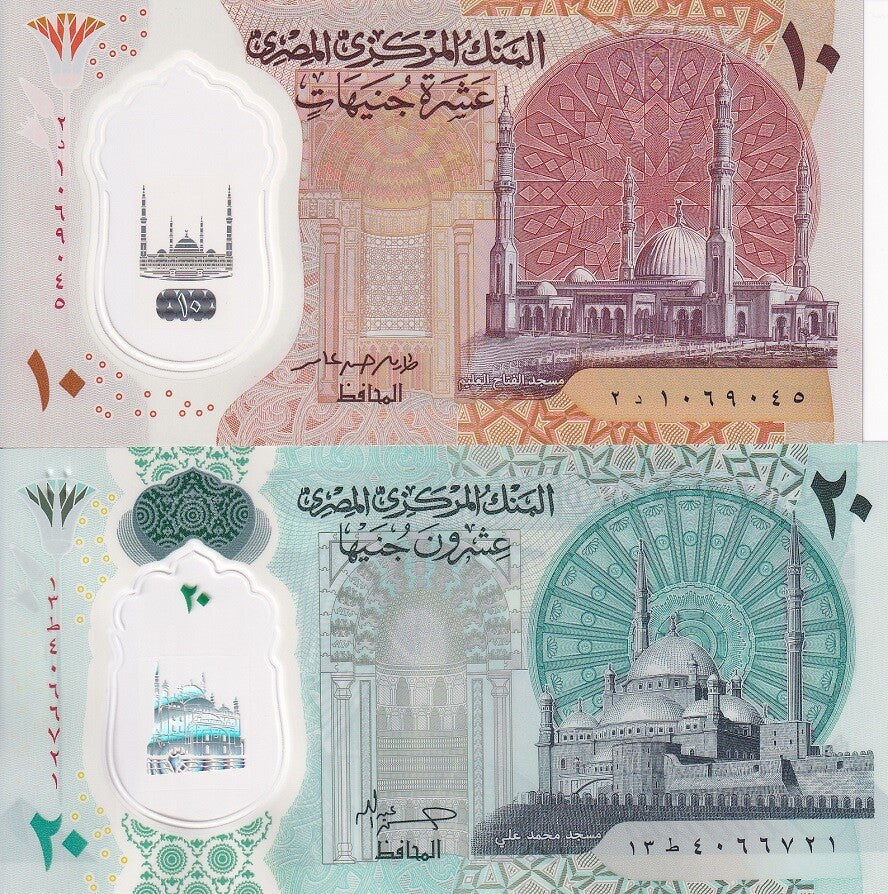 Egypt SET 2 UNC 10 20 Pounds 2022-2023 Polymer Mixed Dates P 81 82