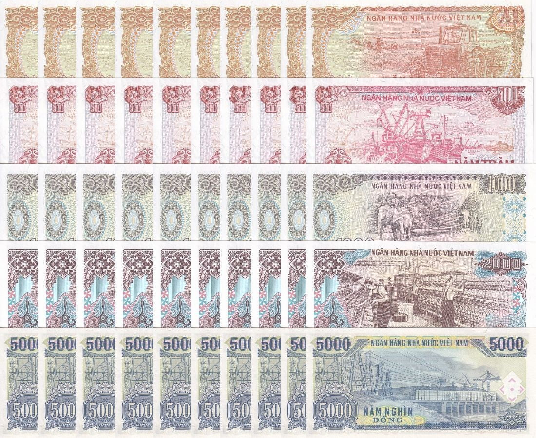 Vietnam Set 5 X LOT 10= 50 UNC 200 500 1000 2000 5000 Dong 1987-91 P 100 - 108
