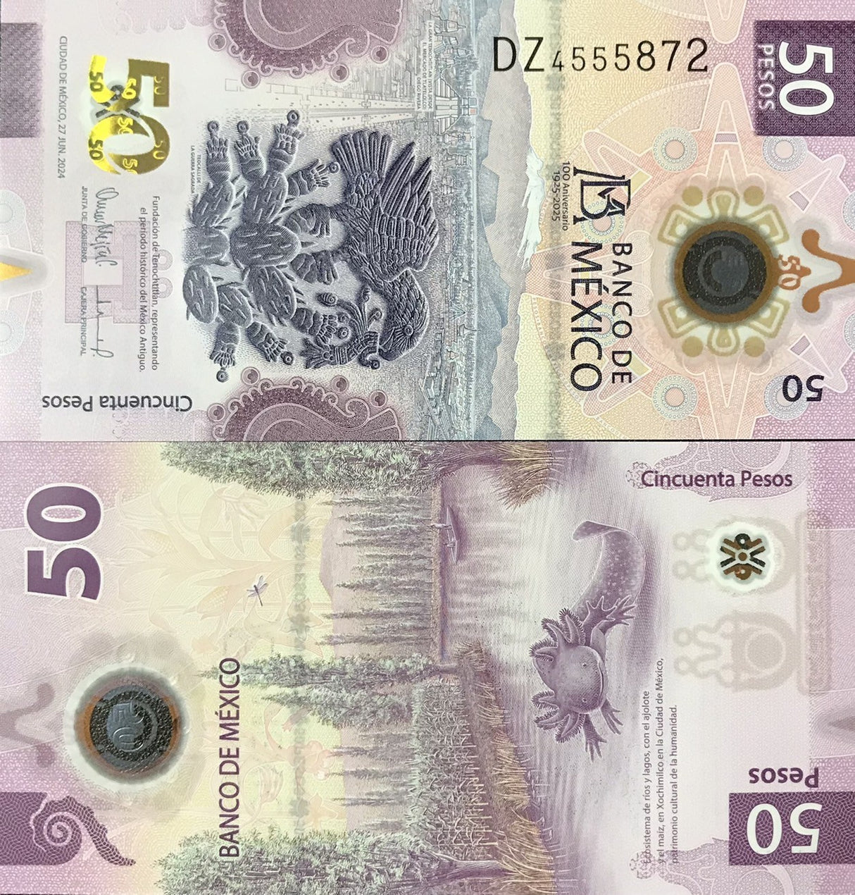 Mexico 50 Pesos 2024 Polymer 100th Anniversary P 138 UNC ,Axolotl ,Ajolote