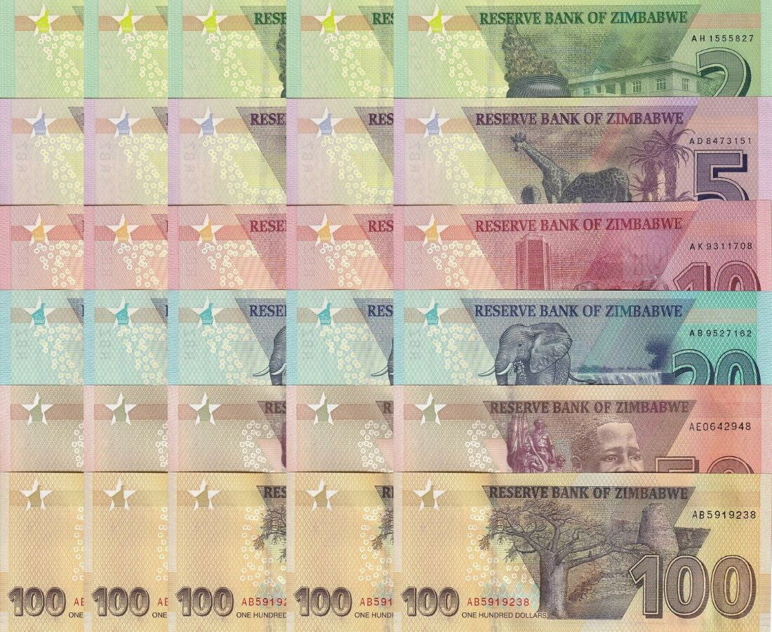 Zimbabwe Set 6 x LOT 5 = 30 UNC 2 5 10 20 50 100 2019 2023 P 101 102 - 105 106