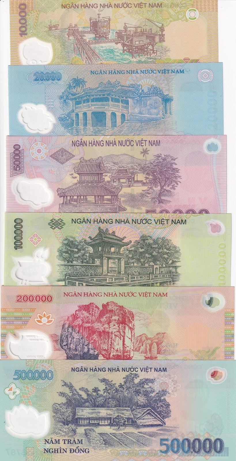 Vietnam Set 6 UNC 10000 20000 50000 to 500000 Dong Mixed Year P 119-124 Polymer
