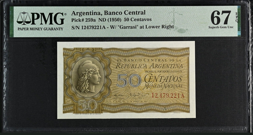 Argentina 50 Centavos ND 1951 P 259 a Superb Gem UNC PMG 67 EPQ