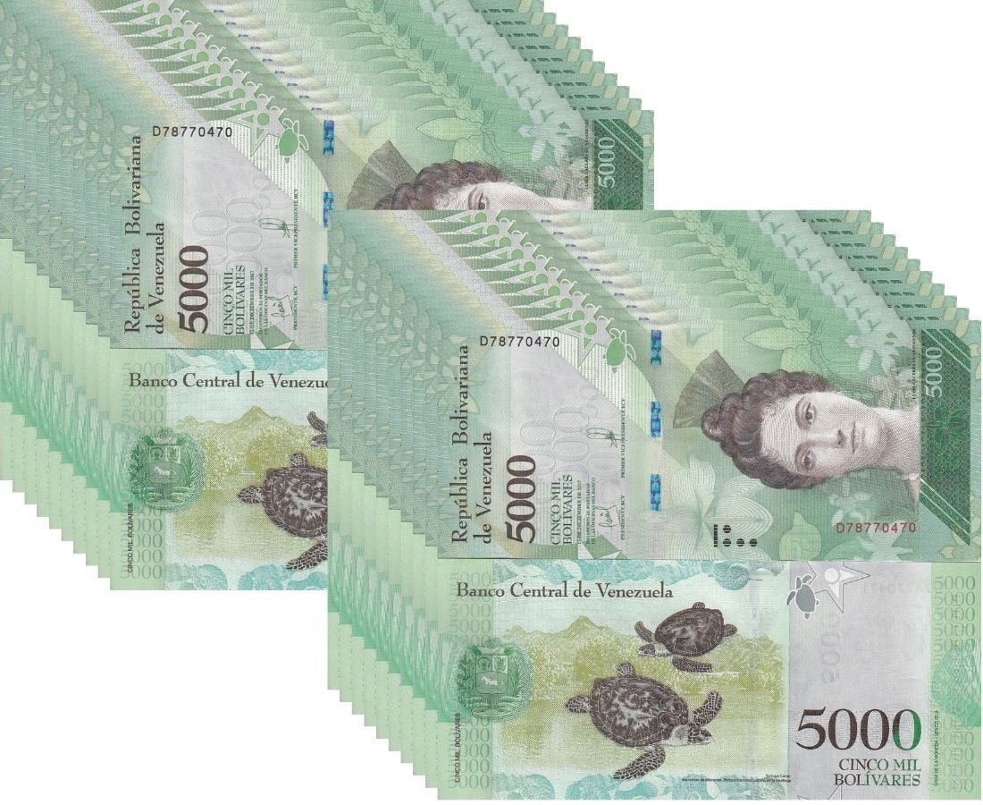 Venezuela 5000 Bolivares 2017 P 97 UNC Lot 20 Pcs ,Hawksbill turtles