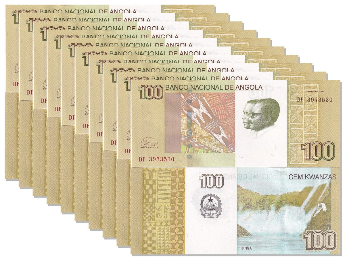Angola 100 Kwanzas 2012 P 153 UNC, Carvings, Binga waterfalls LOT 10 PCS