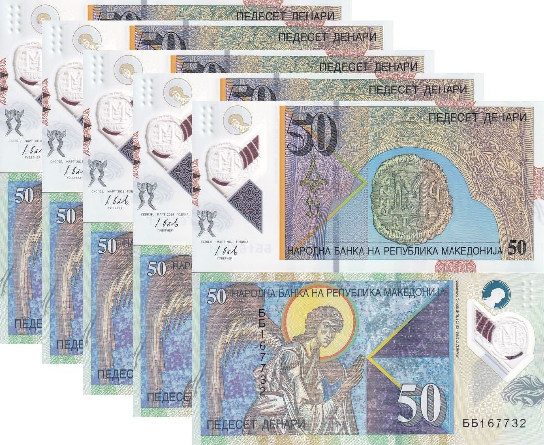 Macedonia 50 Denari 2018 P 26 Polymer UNC LOT 5 PCS , Byzanthine