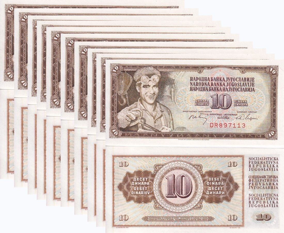 Yugoslavia 10 Dinara 1968 P 82 6 DIGIT S/N UNC LOT 10 PCS