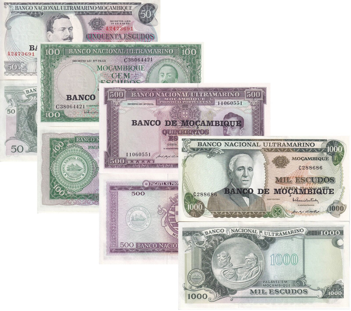 Mozambique Set 4 PCS 50 100 500 1000 Escudos ND 1976 P 116 117 118 119 UNC