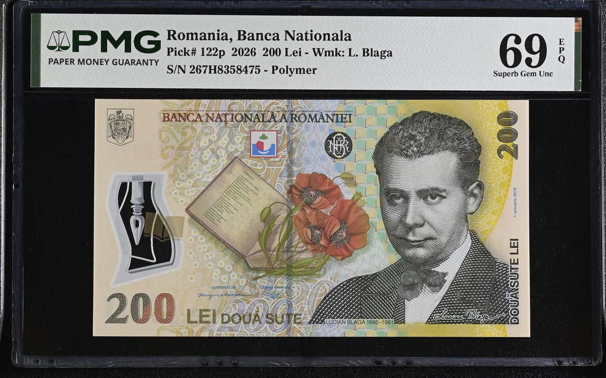 Romania 200 Lei 2026 P 122 p Polymer Superb Gem UNC PMG 69 EPQ