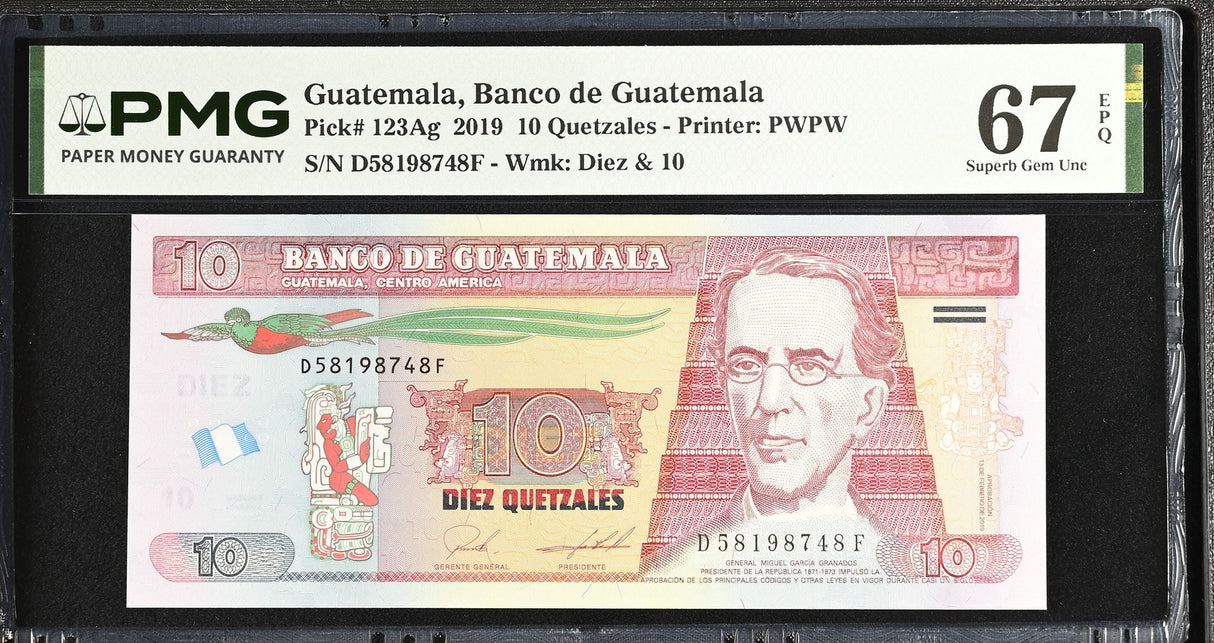 Guatemala 10 Quetzales 2019 P 123Ag Superb Gem UNC PMG 67 EPQ