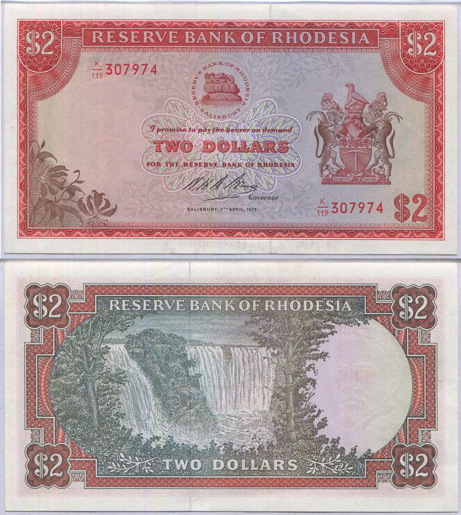 Rhodesia 2 Dollars 1975 Victoria Falls, WTM Zimbabwe Bird P 31 k AUNC