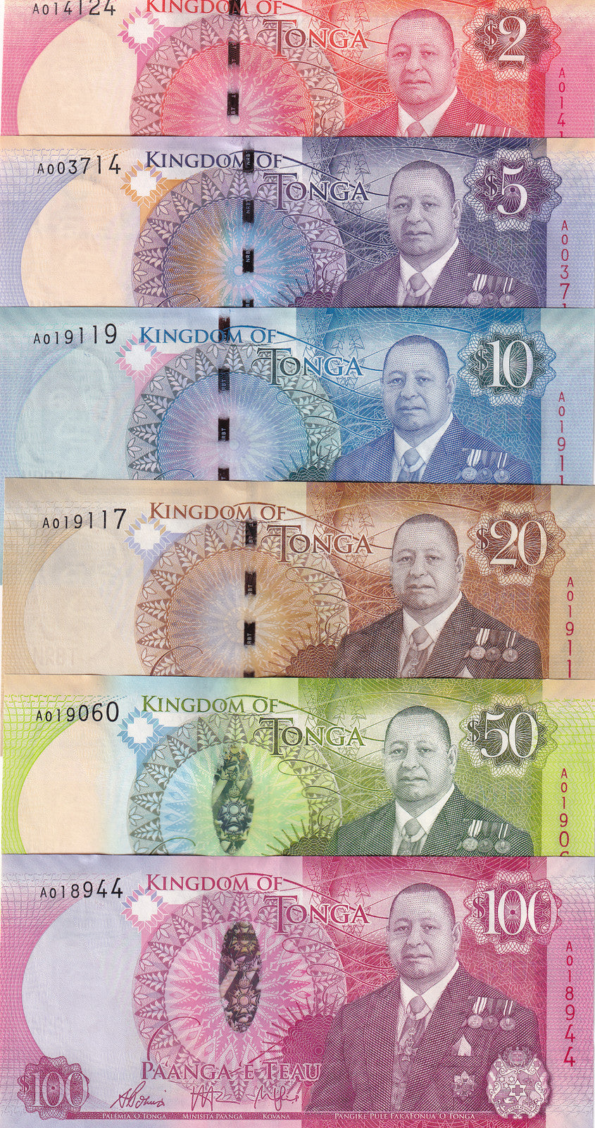 Tonga Set 6 UNC 2 5 10 20 50 100 Pa'anga ND 2015 P 44 45 46 47 48 49