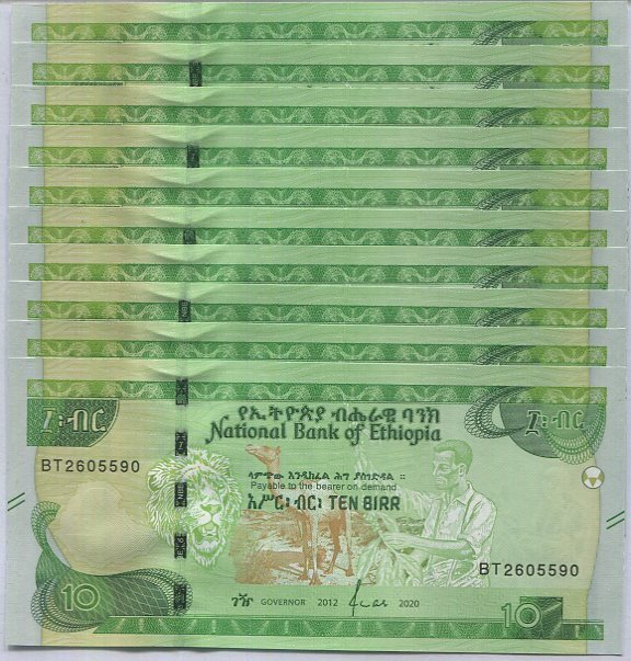 Ethiopia 10 Birr 2012/2020 P 53 UNC Lot 10 Pcs 1/10 Bundle ,Camel, coffee harves