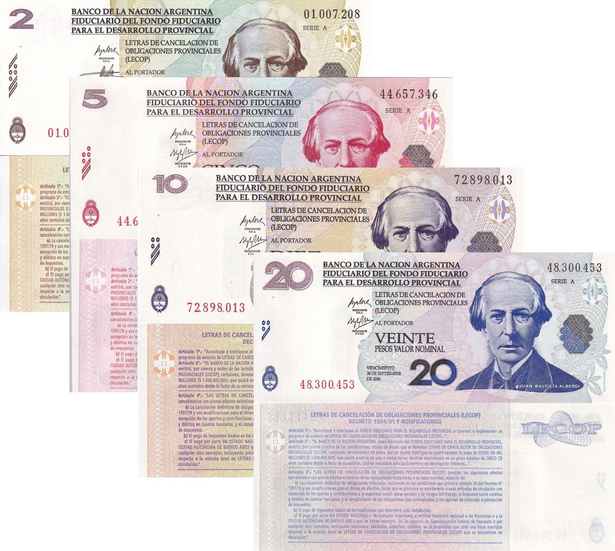 Argentina Set 4 Pcs 2 5 10 20 Pesos 2006 Emergency Note LECOP P SNL