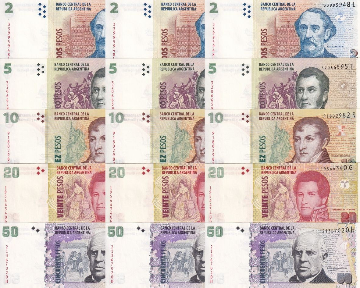 Argentina Set 5 X LOT 3 = 15  UNC 2 5 10 20 50 Pesos 2012-2015 P 352 353 534 355