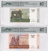 Madagascar Set 2; 200 500 Ariary 2004 P 87 P 88 Superb Gem UNC PMG 67 EPQ