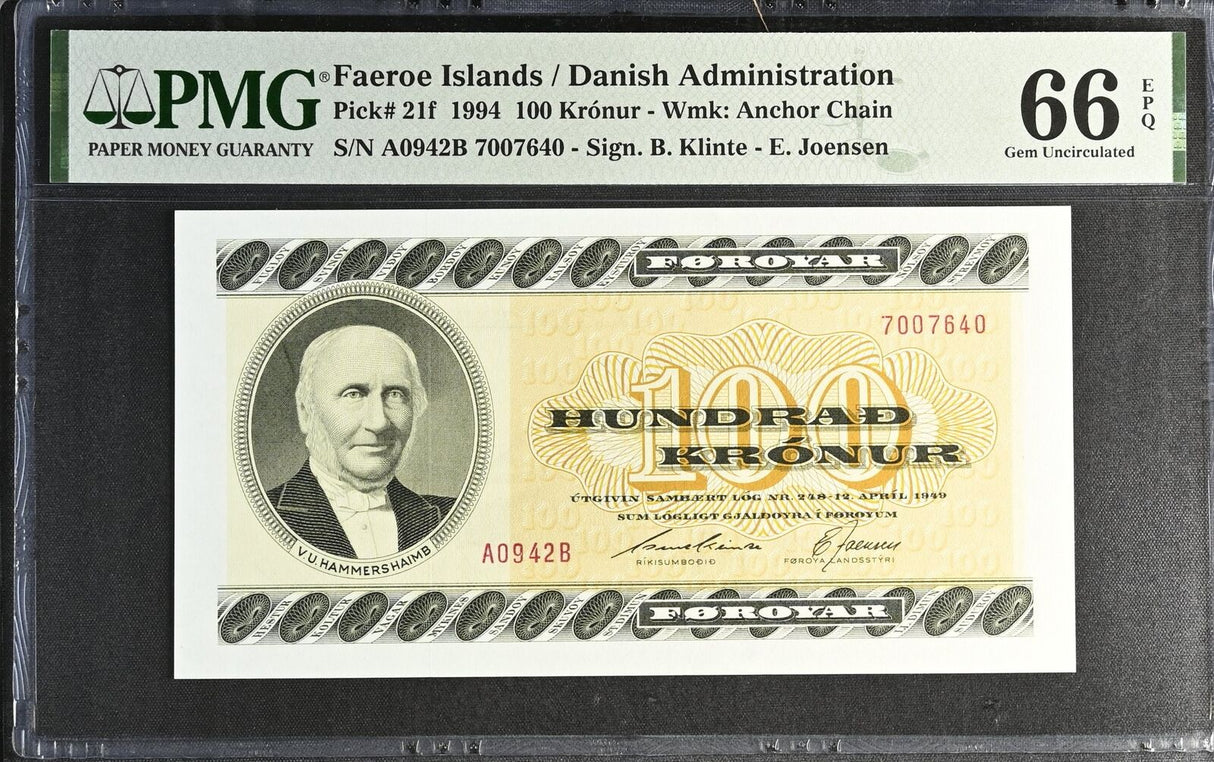 Faeroe Islands 100 Kronur 1994 P 21 f Gem UNC PMG 66 EPQ