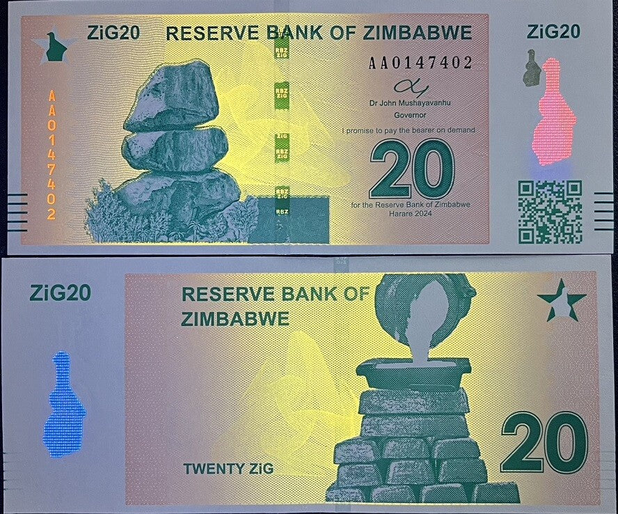 Zimbabwe 20 ZiG 2024 P 111 Gold Reserve Backed UNC With QR Code