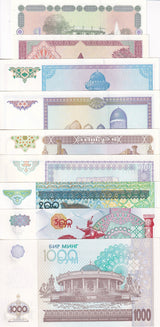Uzbekistan Set 9 UNC 1 3 5 25 50 100 200 500 1000 Som 1994-2021 P 73 74 - P 82