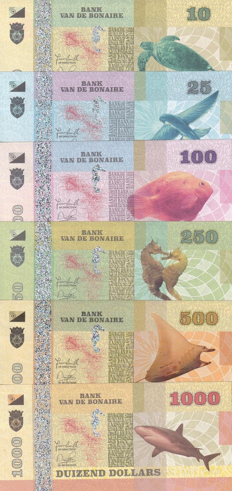 Bonaire Set 6 10 25 100 250 500 1000 Dollars 2015 Shark Stingray Fantasy