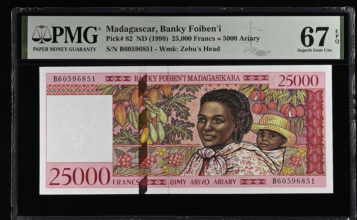 Madagascar 25000 Francs 5000 Ariary ND 1998 P 82 Superb Gem UNC PMG 67 EPQ