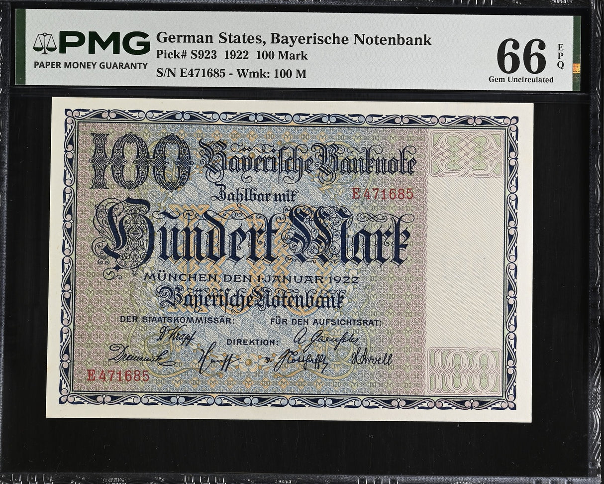 Germany 100 Mark 1922 P S923 Gem UNC PMG 66 EPQ