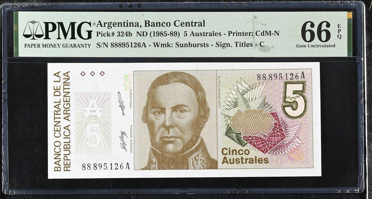 Argentina 5 Australes ND 1985-1989 P 324 b Gem UNC PMG 66 EPQ