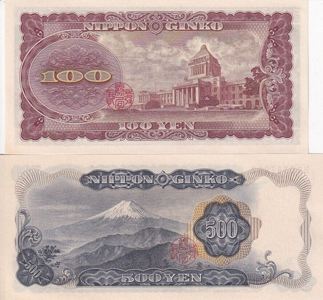 Japan Set 2 Pcs 100 500 Yen ND 1953-1969 P 90 c 95 b UNC