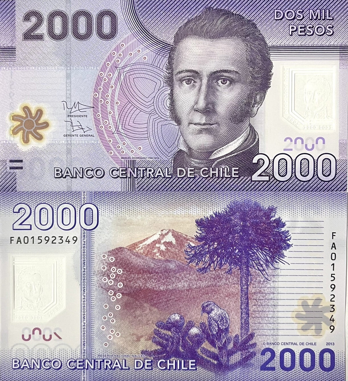 Chile 2000 Pesos 2013 P 162 c Polymer UNC ,Manuel Rodrigues Erdoyza