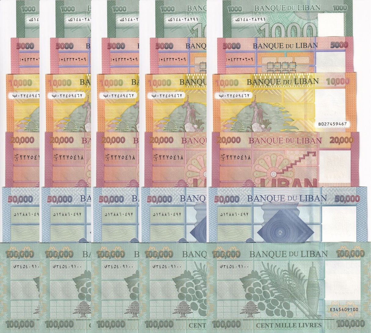 Lebanon Set 6 X LOT 5 = 30 UNC 1000 - 100000 LIVRES 2016-2022 P 90 91 92 - P 95