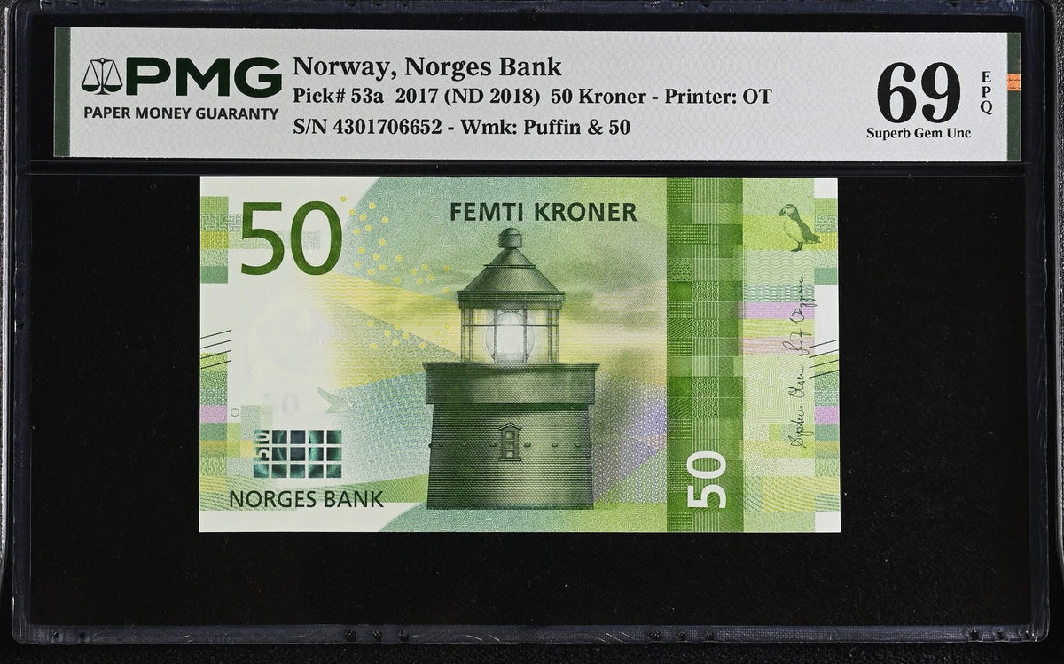 Norway 50 Kroner 2017 ND 2018 P 53 a Superb Gem UNC PMG 69 EPQ