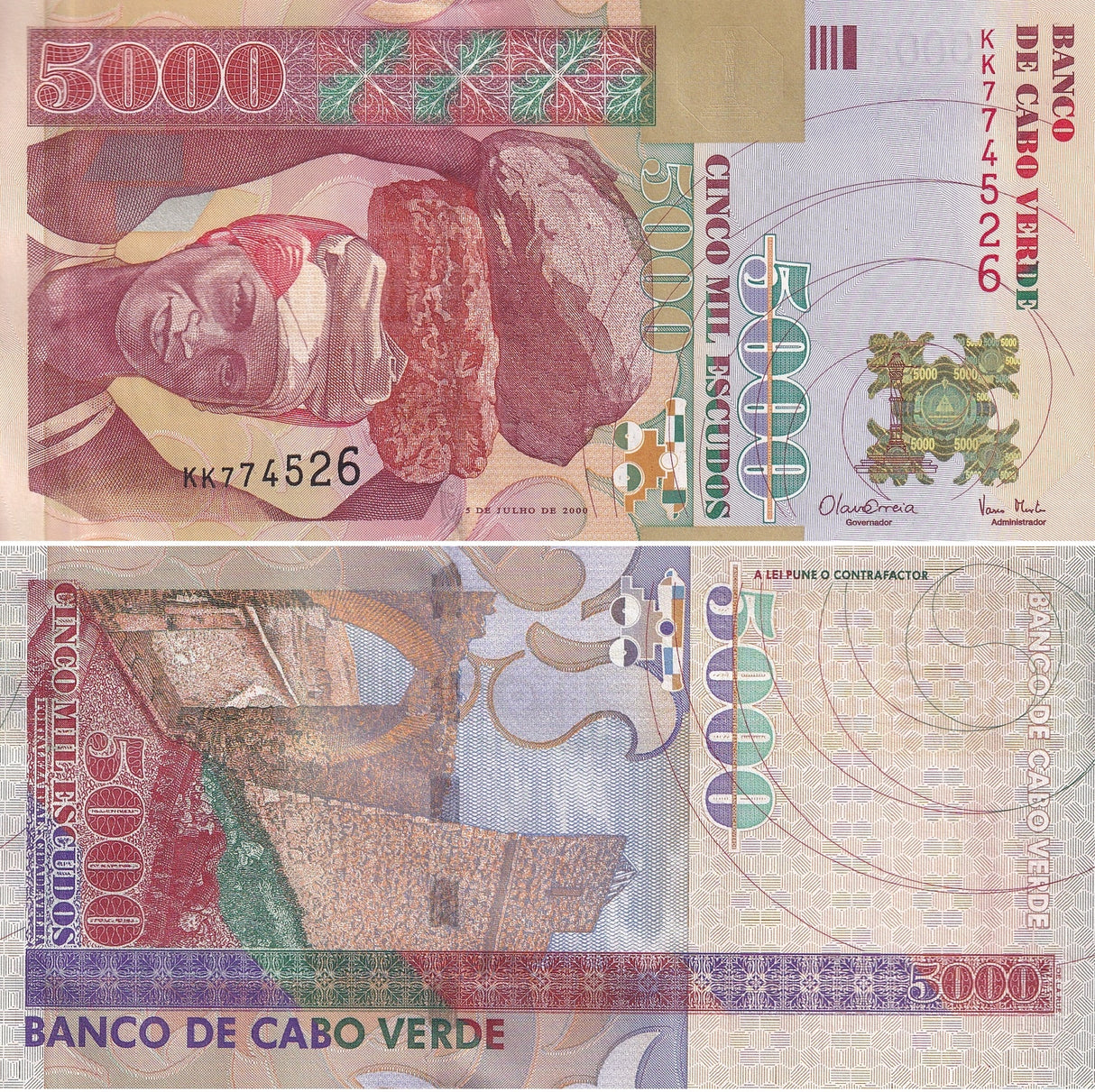 Cape Verde 5000 Escudos 2000 P 67 UNC ,Fortaleza Real, Cidade Velha