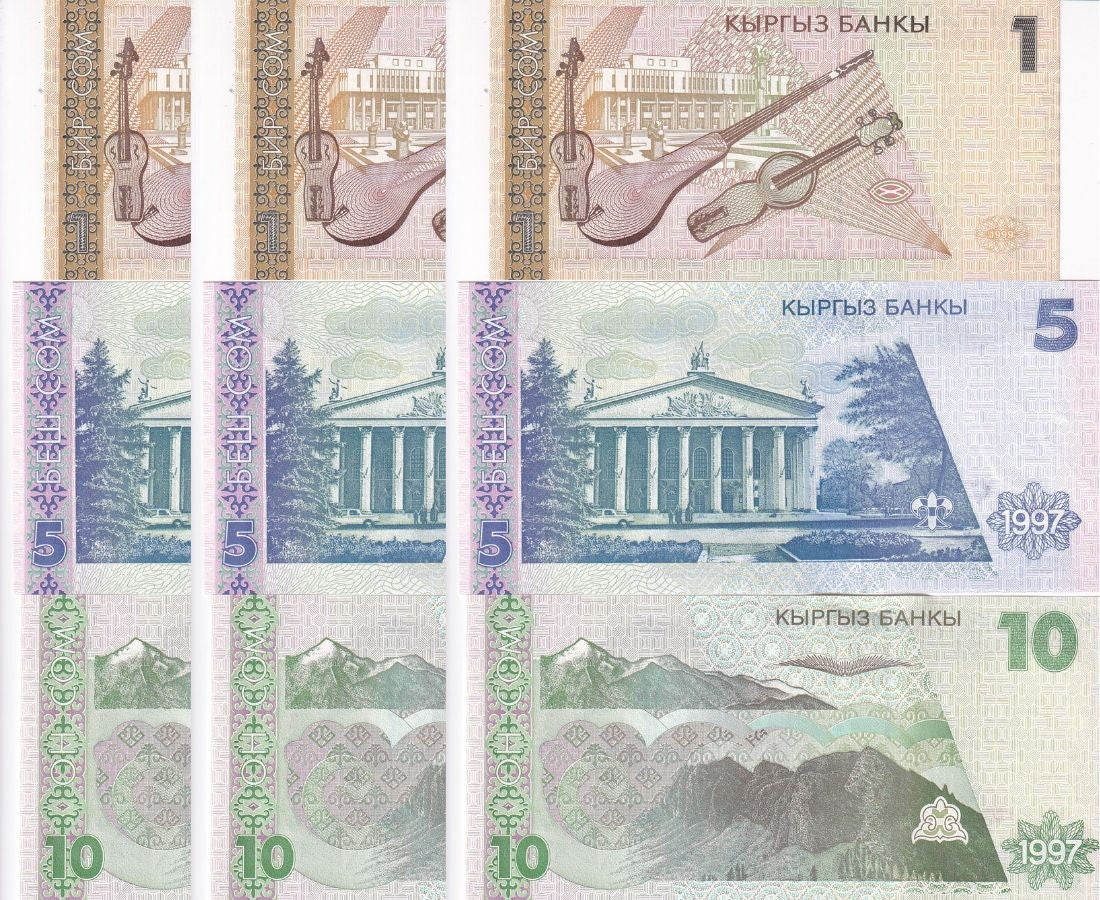 Kyrgyzstan Set 3 X Lot 3 UNC 1 5 10 Som 1997 - 1999 P 13 14 15