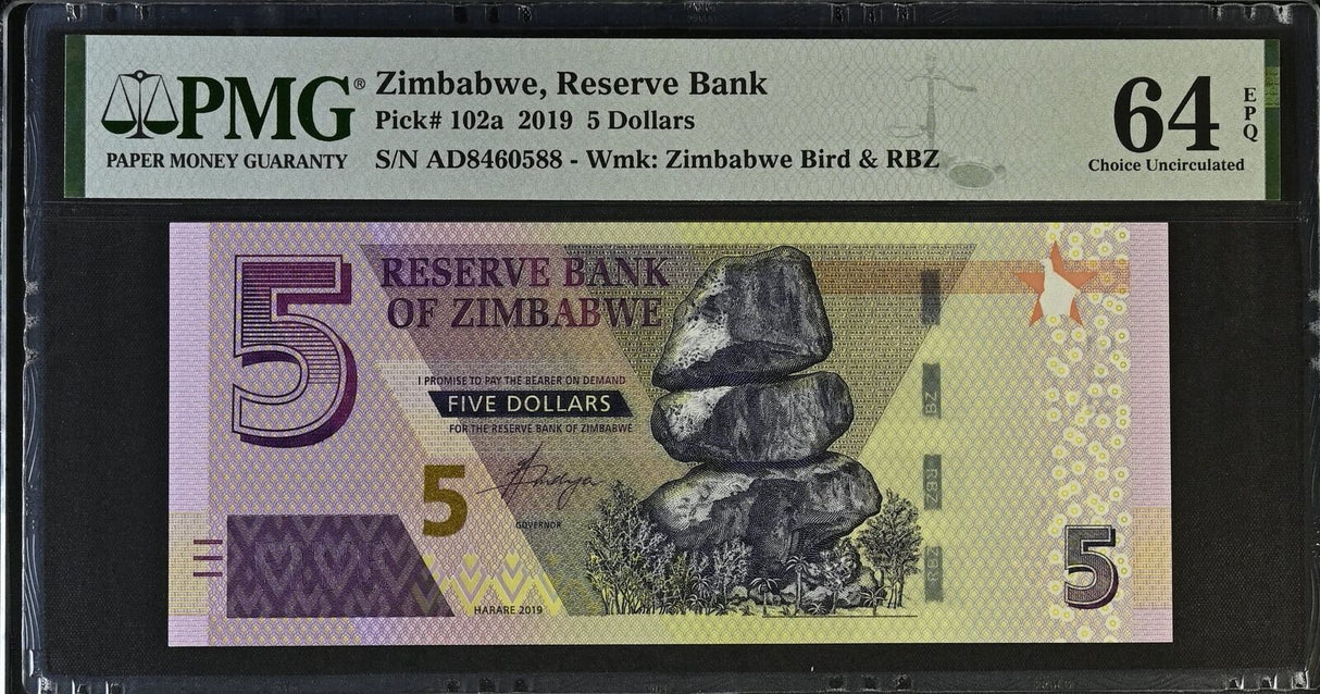 Zimbabwe 5 Dollars 2019 P 102 a Choice UNC PMG 64 EPQ