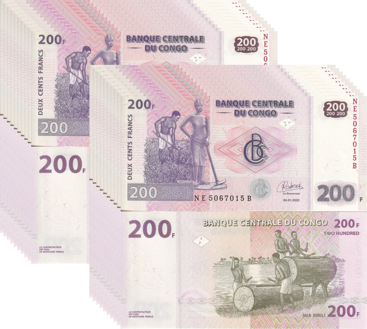 Congo 200 Francs 2022 P 99B UNC LOT 20 PCS