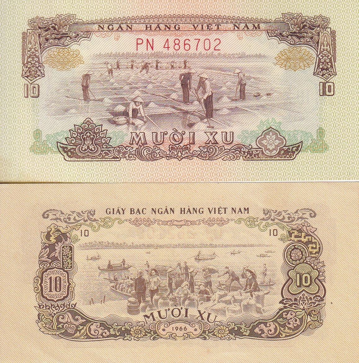 South Vietnam 10 Xu 1966 P 37 AUnc Drying salt Mekong River AU