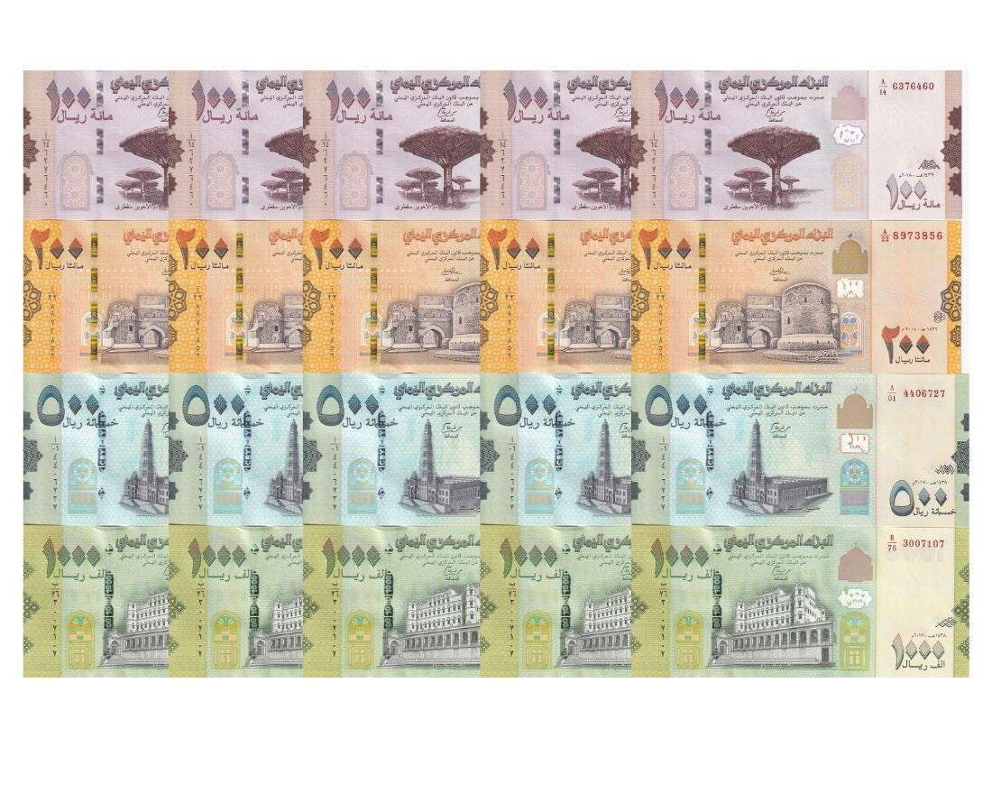 Yemen SET 4 UNC 100 200 500 1000 Rials 2017-2018 P 37 38 39 40 LOT 5 Sets 20 Pcs
