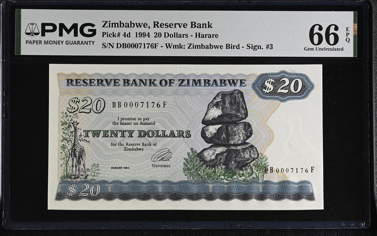 Zimbabwe 20 Dollars 1994 P 4 d Gem UNC PMG 66 EPQ , Graded Note