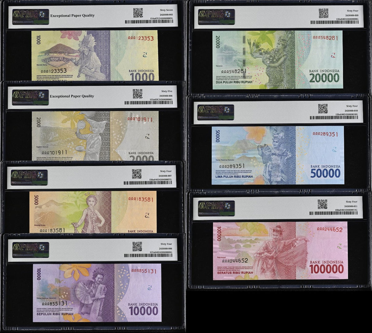 Indonesia Set 7; 100 200-100000 Rupiah 154- 160 2016 AAA Choice UNC PMG 64 65 67