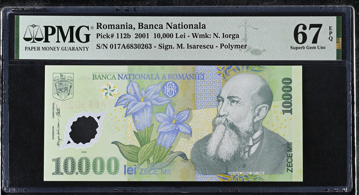 Romania 10000 Lei 2001 P 112 b Polymer Superb Gem UNC PMG 67 EPQ